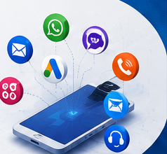 Phone surrounded by messaging, ads and communication channel icons